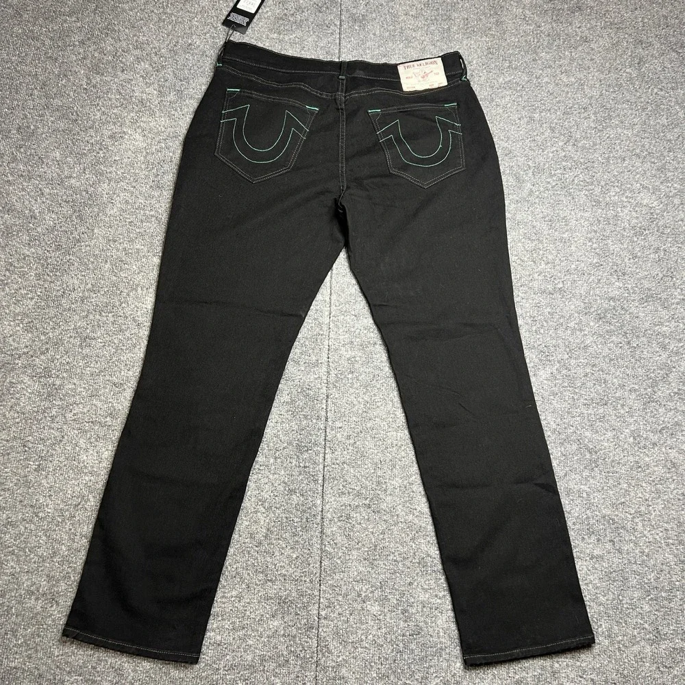 NWT True Religion Mens 36 Geno SN Slim Jeans Black Rinse Green Stitching 700386‎